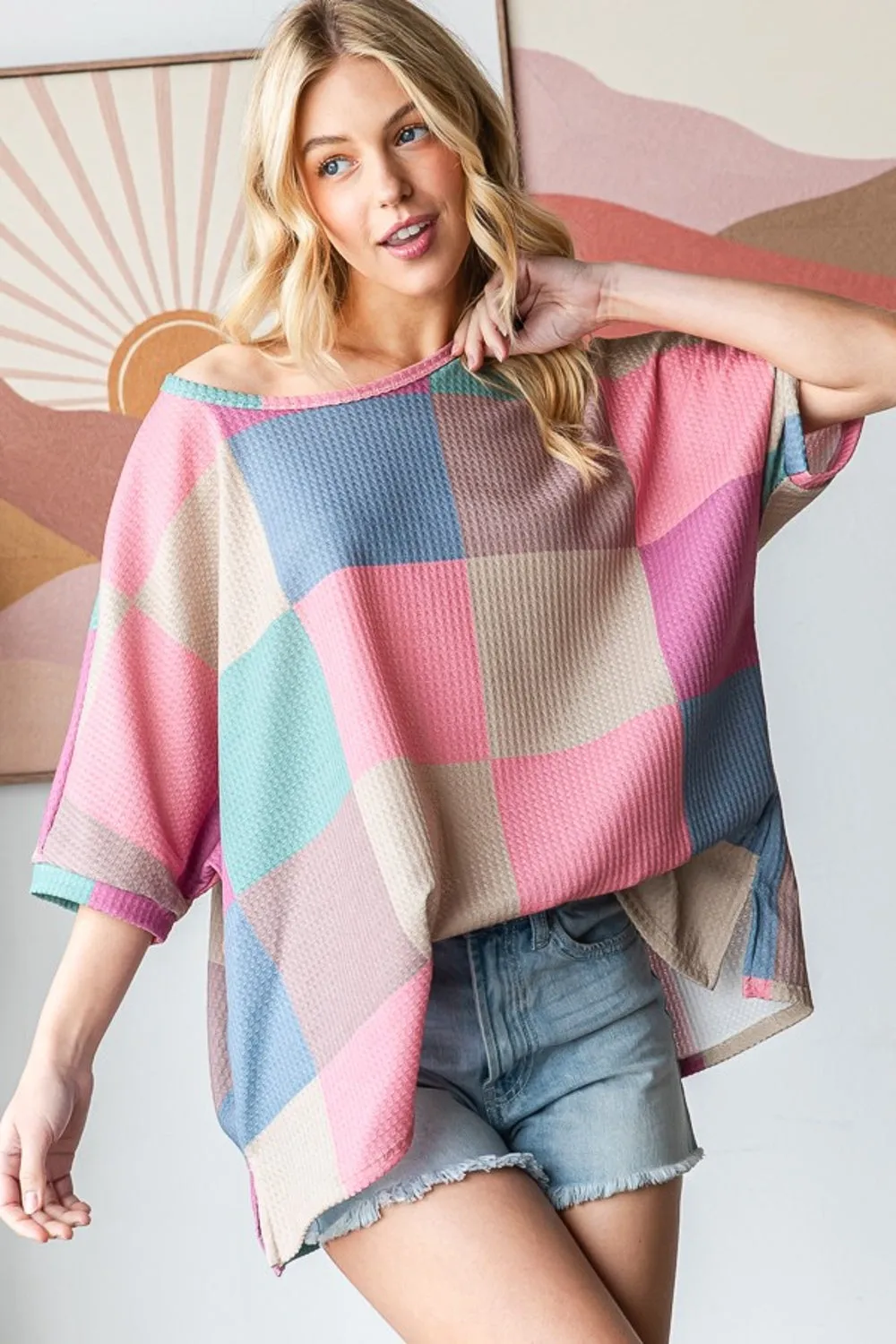 HOPELY Full Size Checkered Round Neck Side Slit T-Shirt sold by Charming Charlie