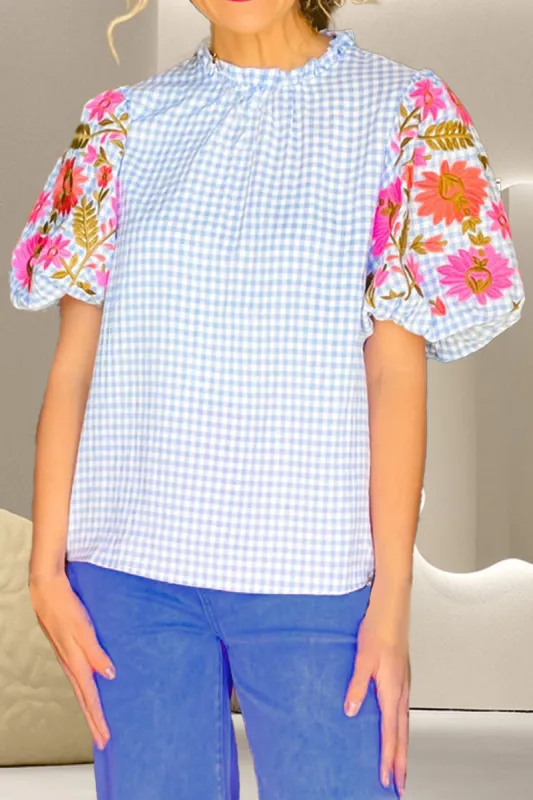 Embroidered Plaid Round Neck Short Sleeve Blouse sold by Charming Charlie