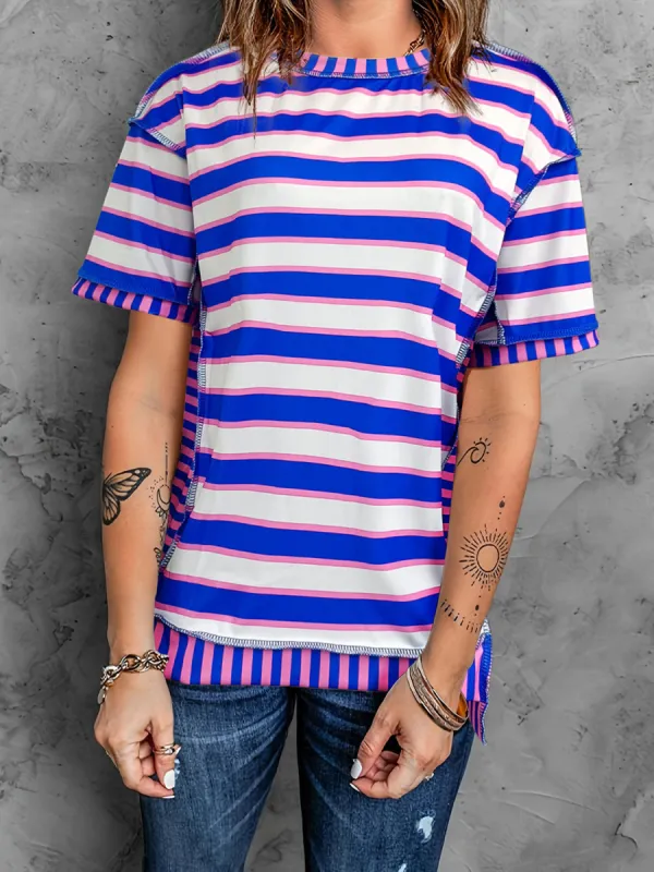 Full Size Contrast Stitching Striped Round Neck T-Shirt sold by Charming Charlie