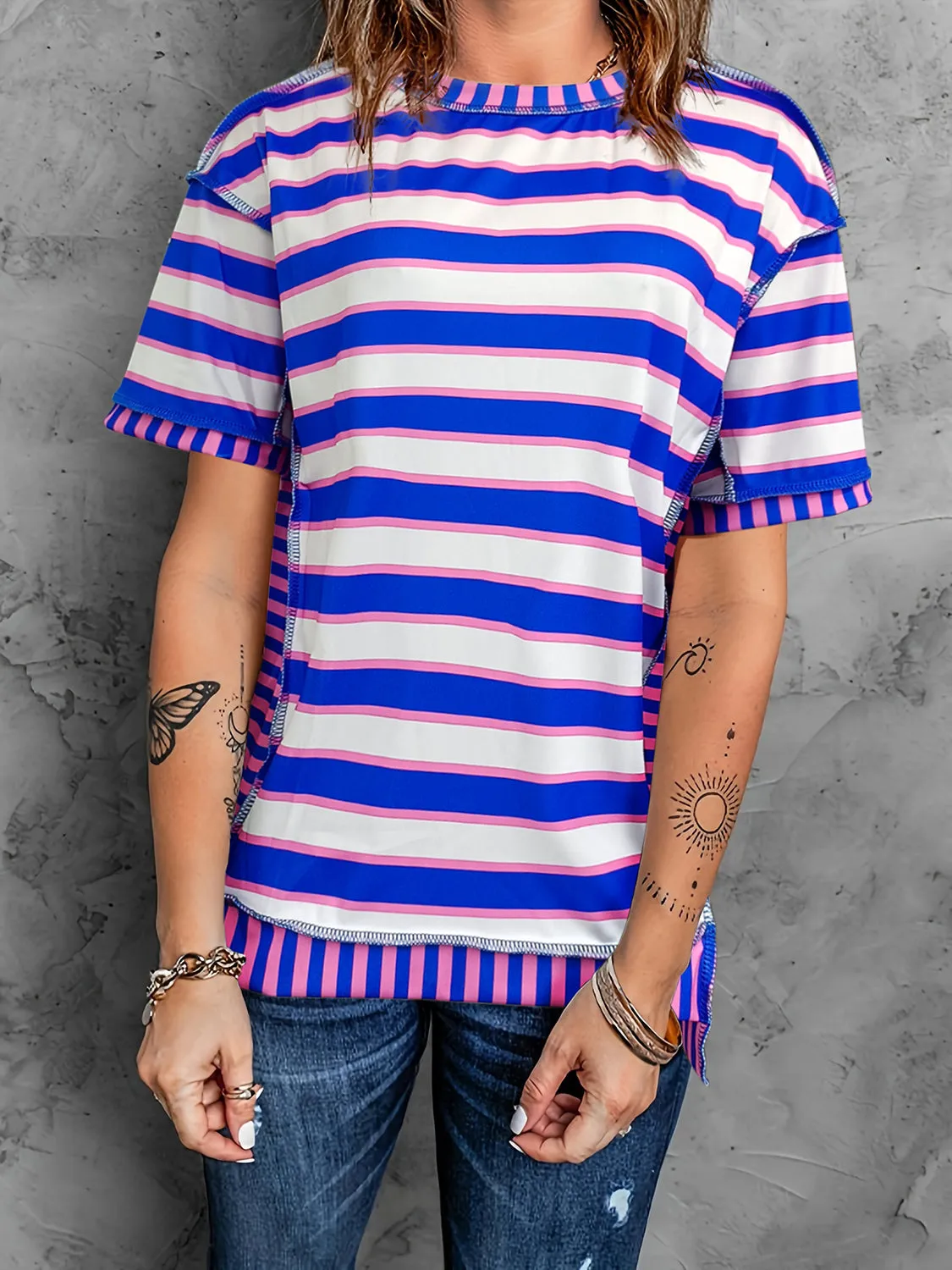 Full Size Contrast Stitching Striped Round Neck T-Shirt sold by Charming Charlie