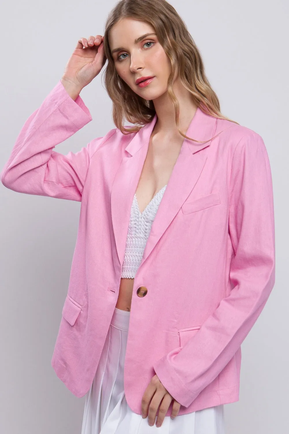 Love Tree One-Button Long Sleeve Linen Blazer sold by Charming Charlie