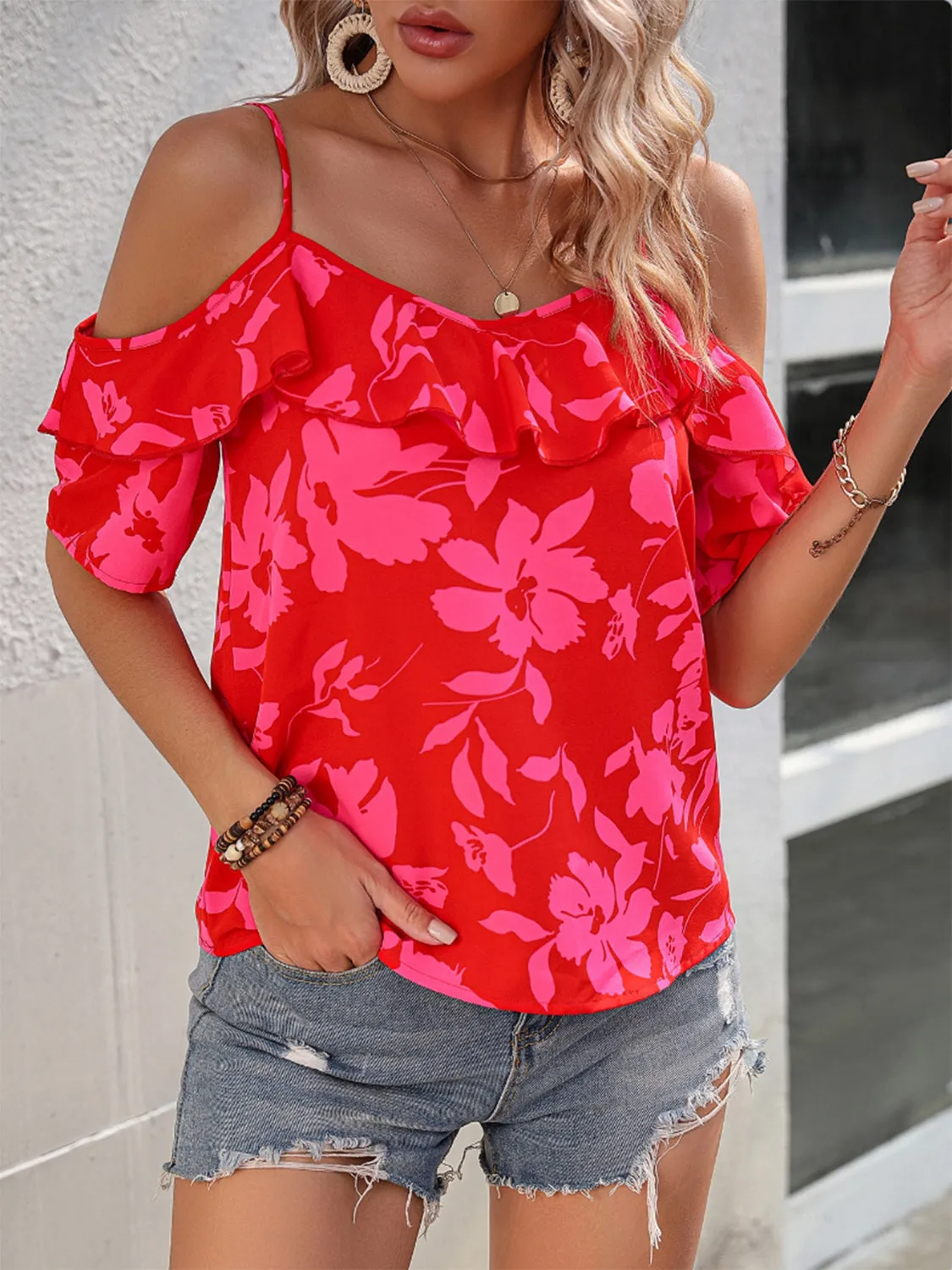 Ruffled Printed Short Sleeve Blouse sold by Charming Charlie product image thumbnail 4
