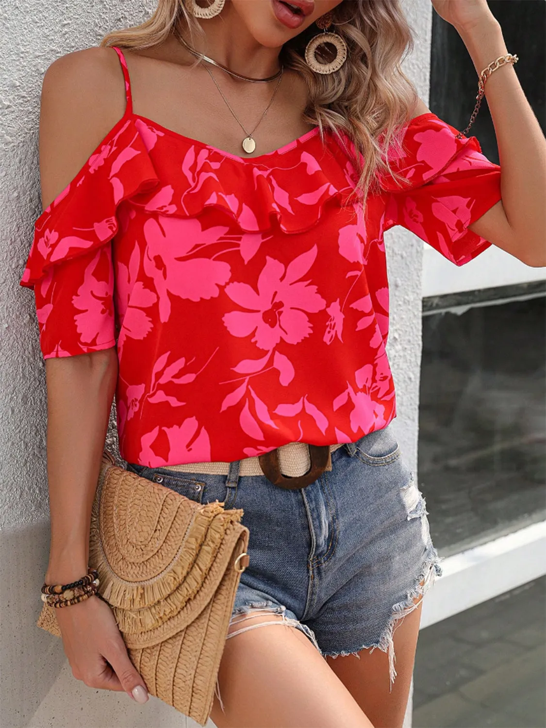Ruffled Printed Short Sleeve Blouse sold by Charming Charlie