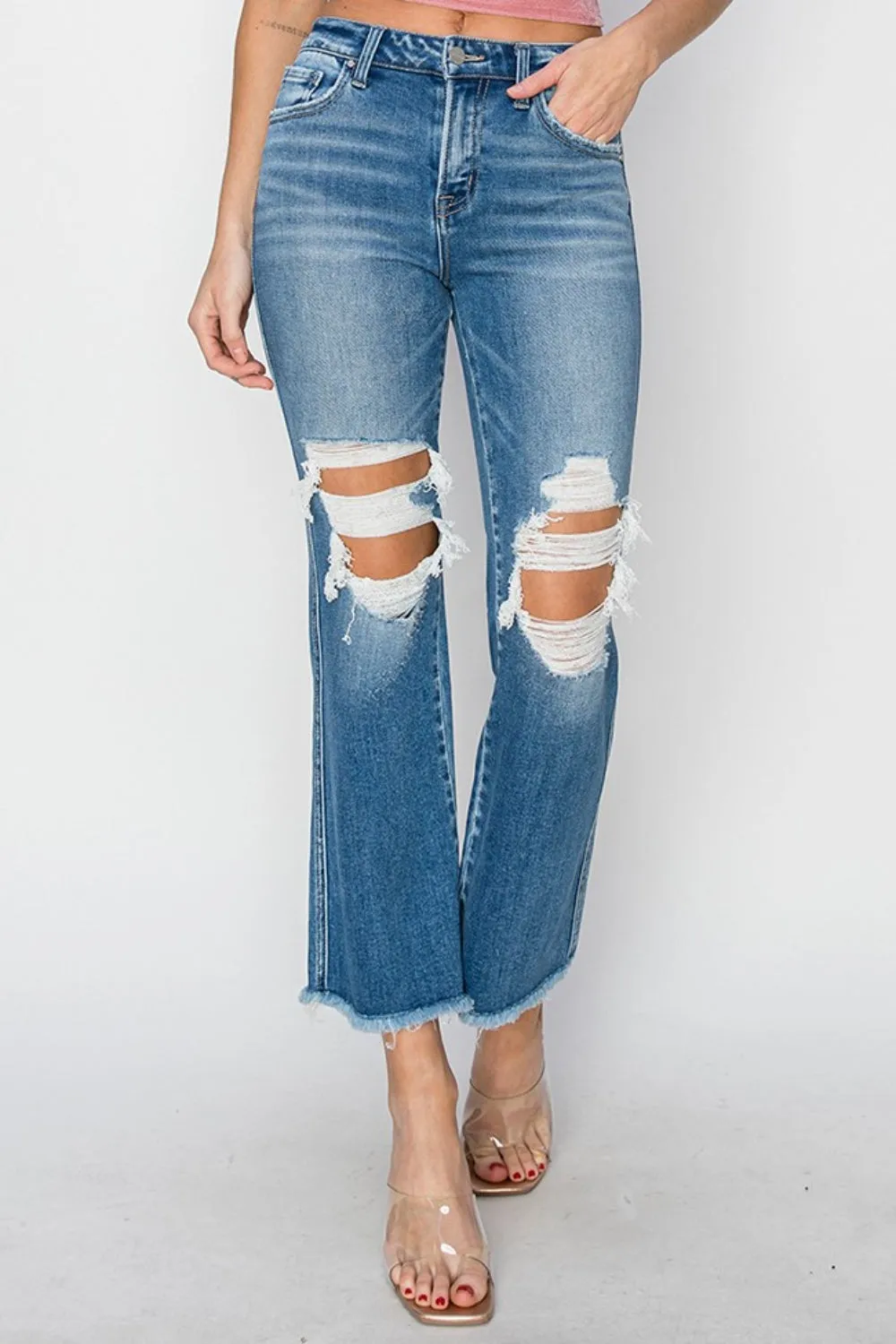 RISEN Mid Rise Distressed Cropped Flare Jeans sold by Charming Charlie product image thumbnail 4