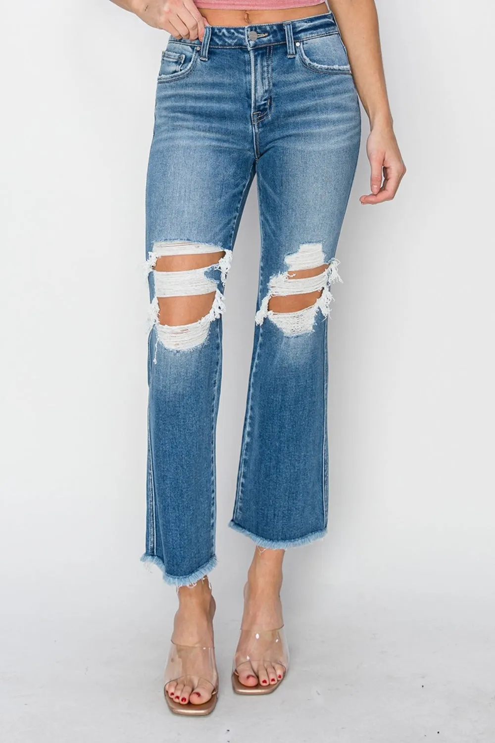 RISEN Mid Rise Distressed Cropped Flare Jeans sold by Charming Charlie