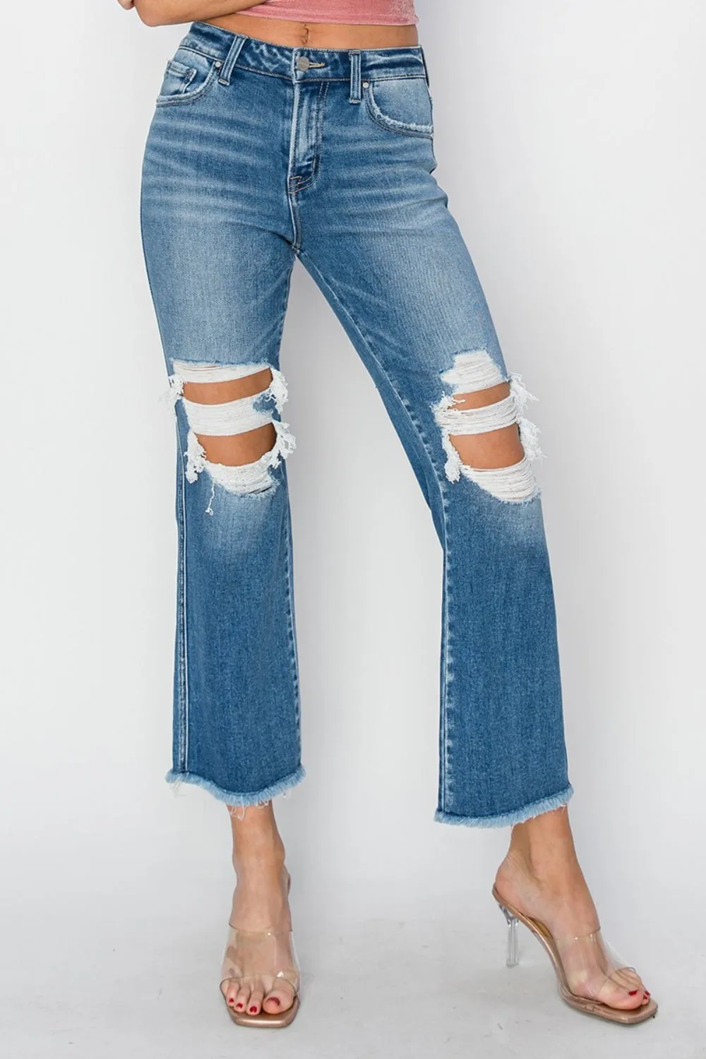 RISEN Mid Rise Distressed Cropped Flare Jeans sold by Charming Charlie product image thumbnail 3