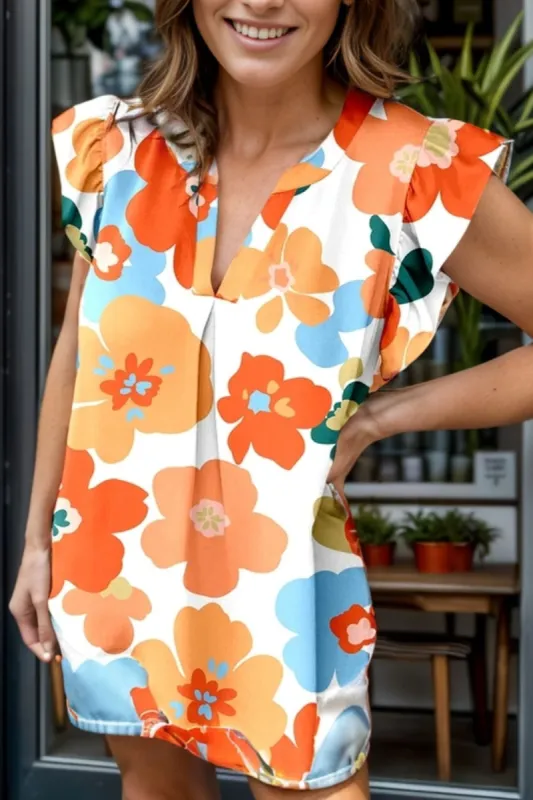 Ruffled Printed Notched Cap Sleeve Blouse sold by Charming Charlie