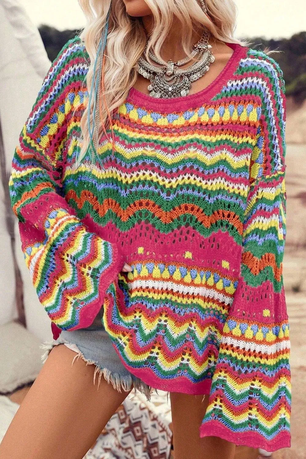 Openwork Round Neck Long Sleeve Knit Top sold by Charming Charlie
