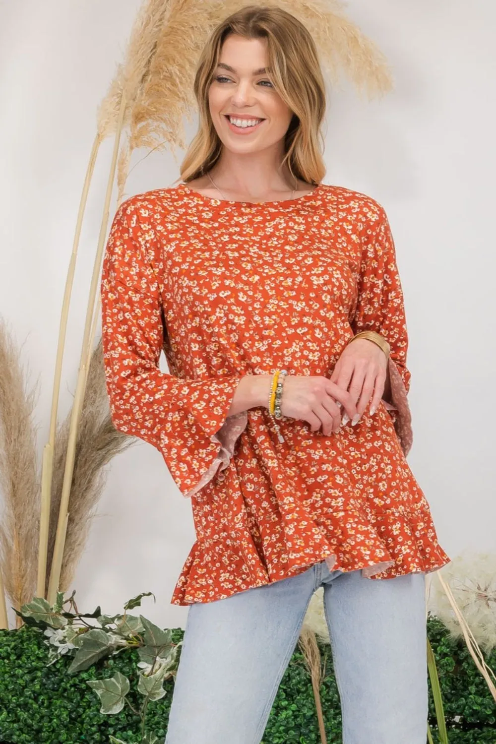 Celeste Full Size Floral Ruffle Detail Top sold by Charming Charlie