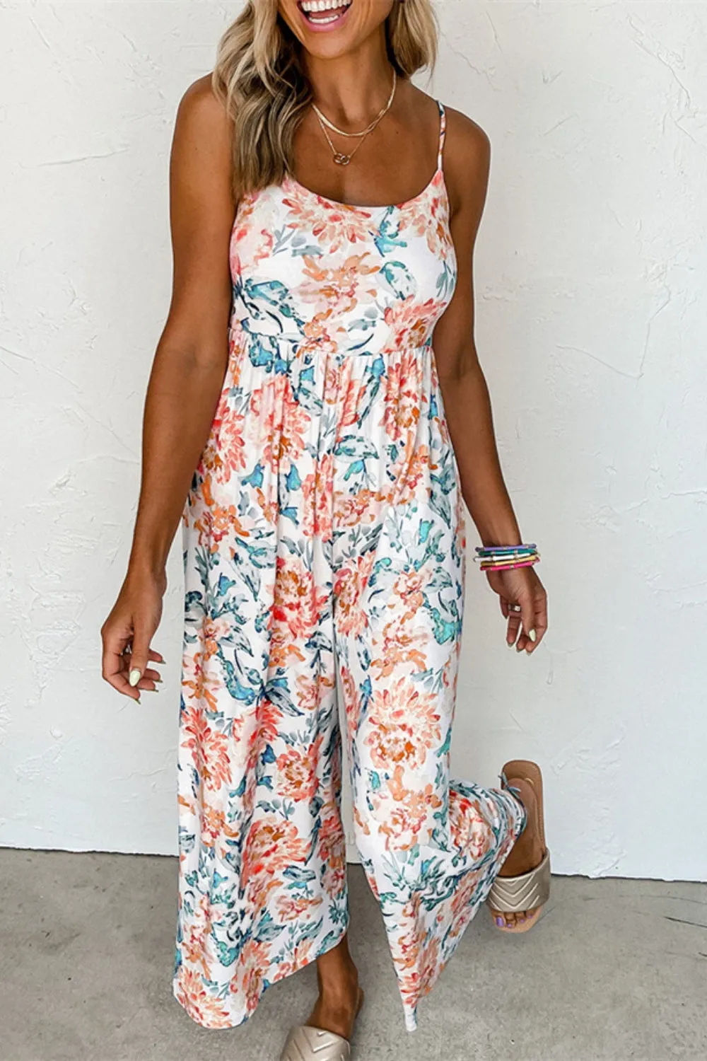 Printed Scoop Neck Wide Leg Jumpsuit sold by Charming Charlie