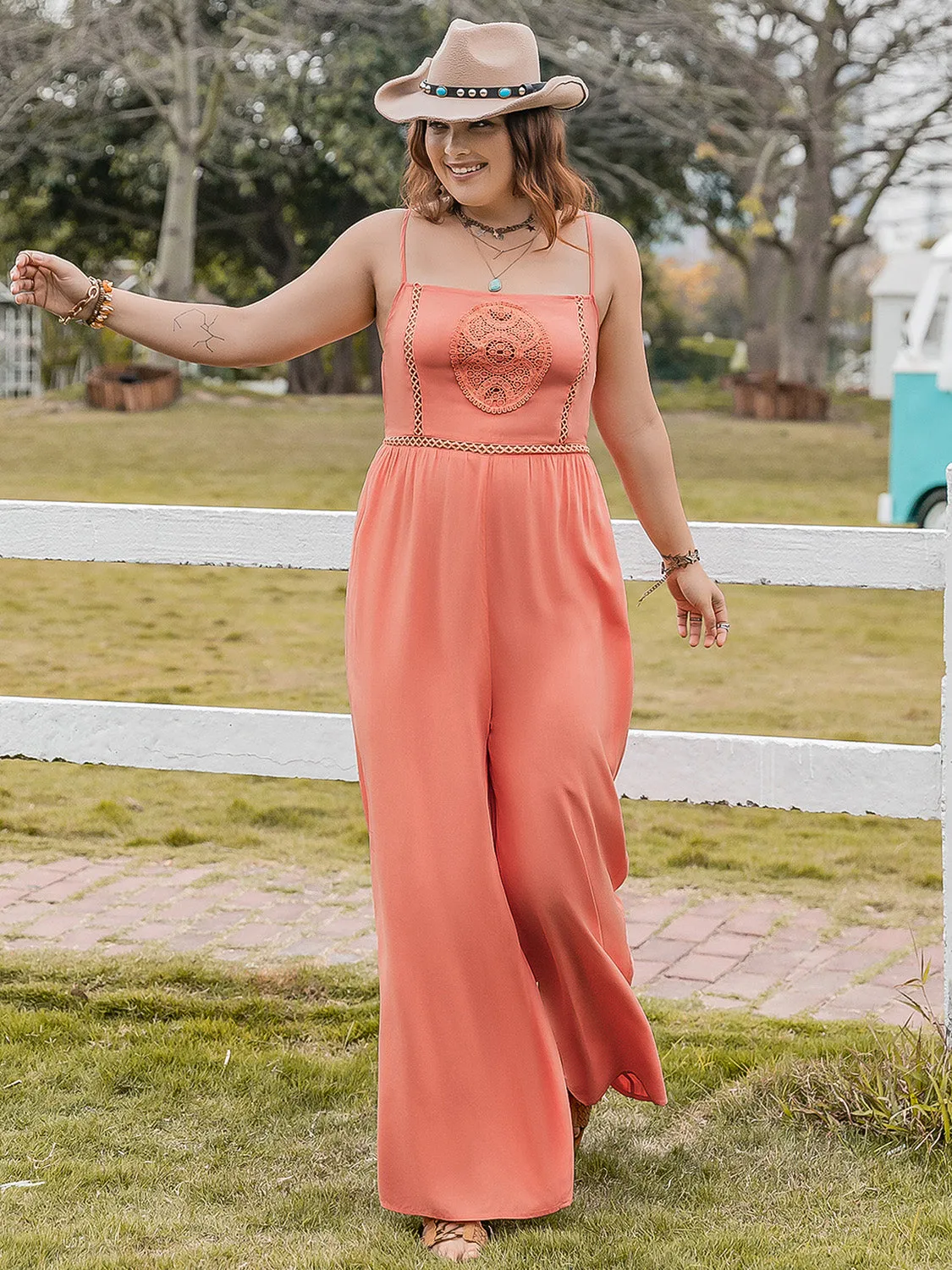 Plus Size Lace Detail Spaghetti Strap Wide Leg Jumpsuit sold by Charming Charlie product image thumbnail 5
