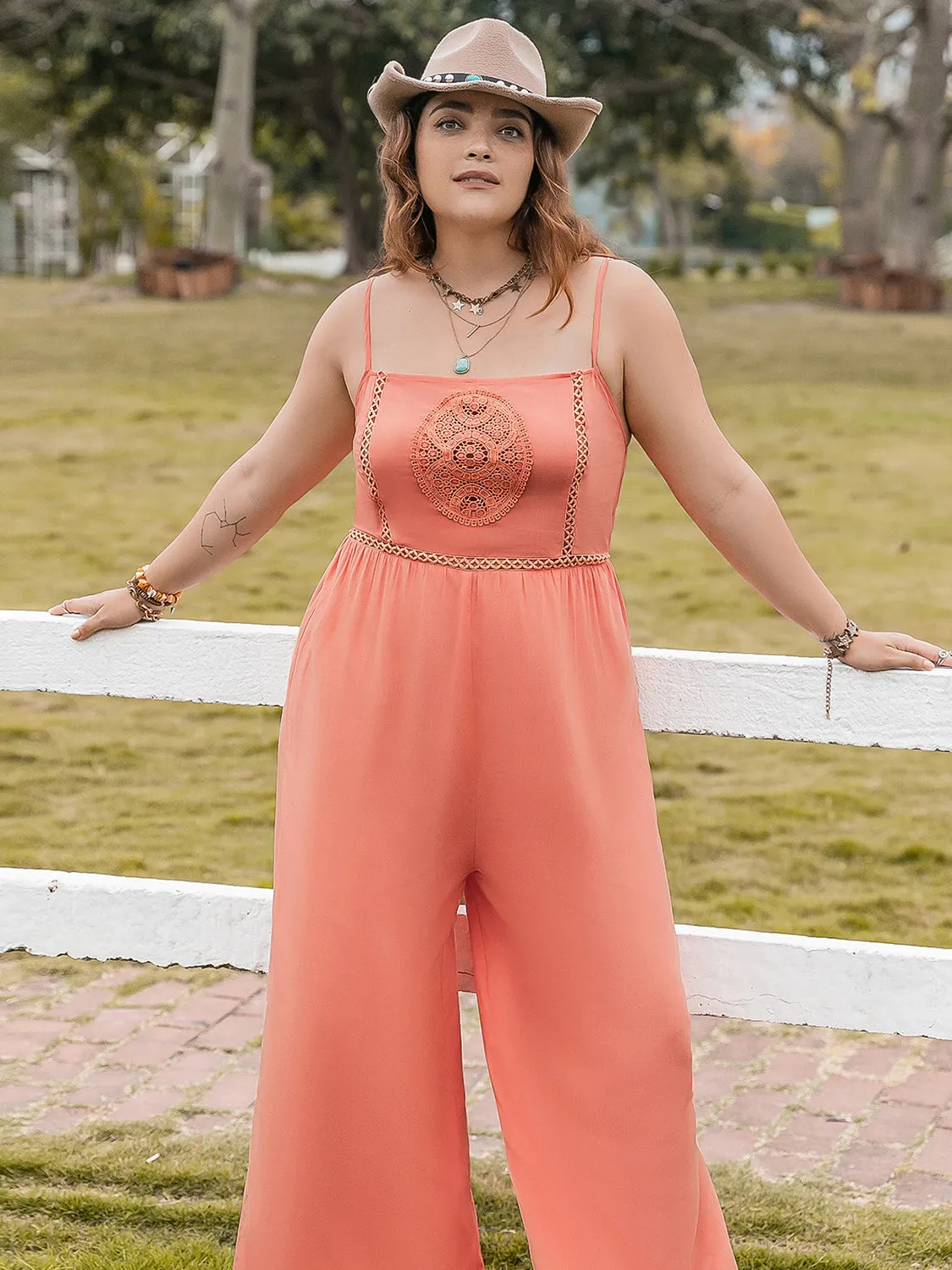 Plus Size Lace Detail Spaghetti Strap Wide Leg Jumpsuit sold by Charming Charlie product image thumbnail 3