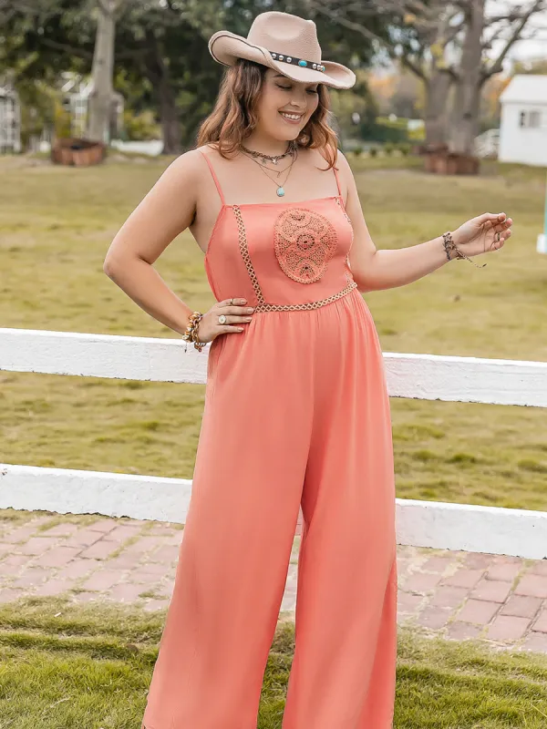 Plus Size Lace Detail Spaghetti Strap Wide Leg Jumpsuit sold by Charming Charlie