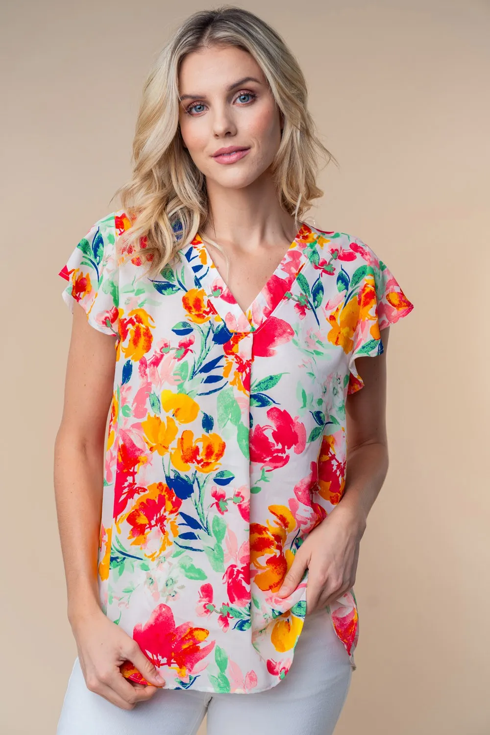 White Birch Full Size Short Sleeve Floral Woven Top sold by Charming Charlie