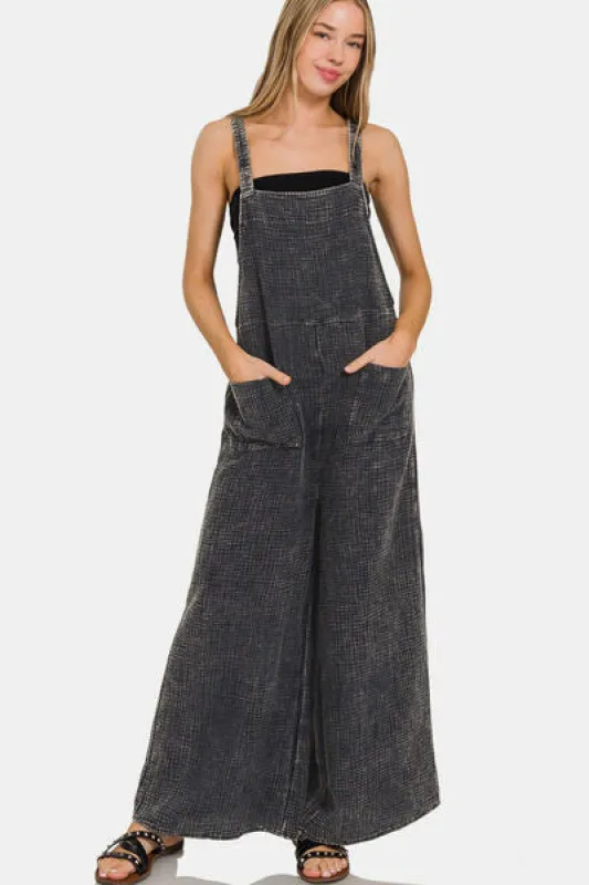 Zenana Washed Double Gauze Elastic Waist Wide Leg Overalls sold by Charming Charlie