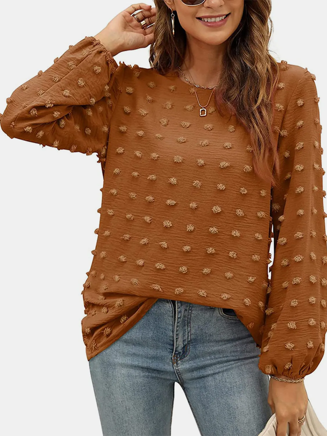 Swiss Dot Round Neck Long Sleeve Blouse sold by Charming Charlie product image thumbnail 3
