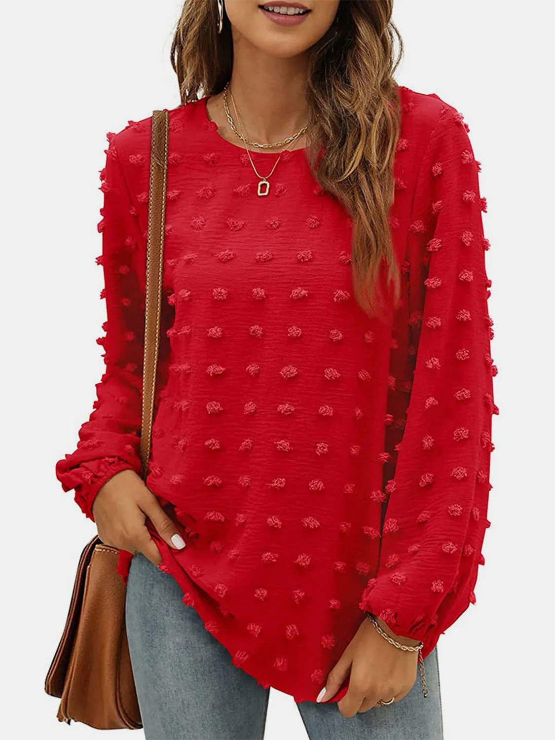 Swiss Dot Round Neck Long Sleeve Blouse sold by Charming Charlie product image thumbnail 4