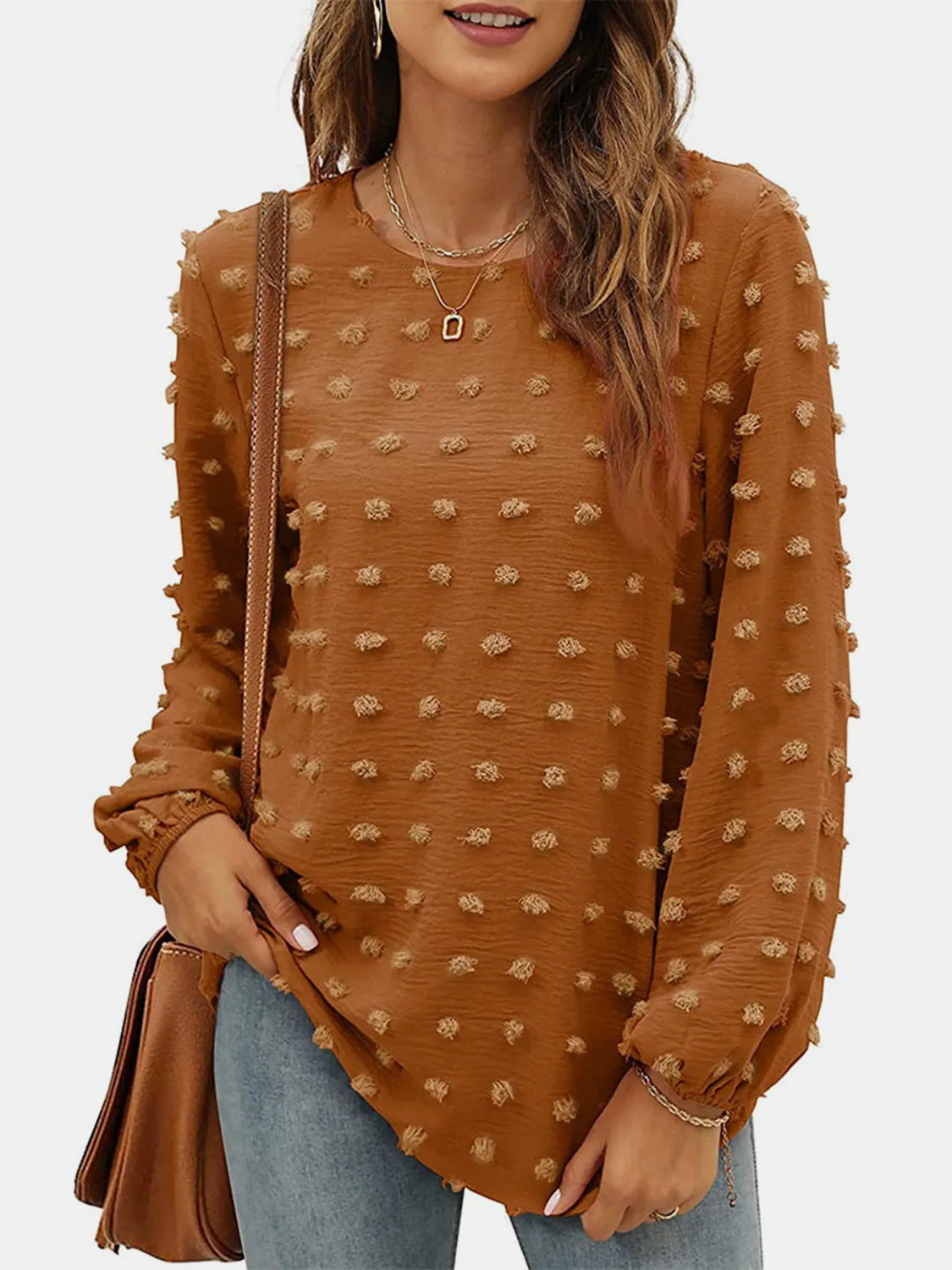Swiss Dot Round Neck Long Sleeve Blouse sold by Charming Charlie
