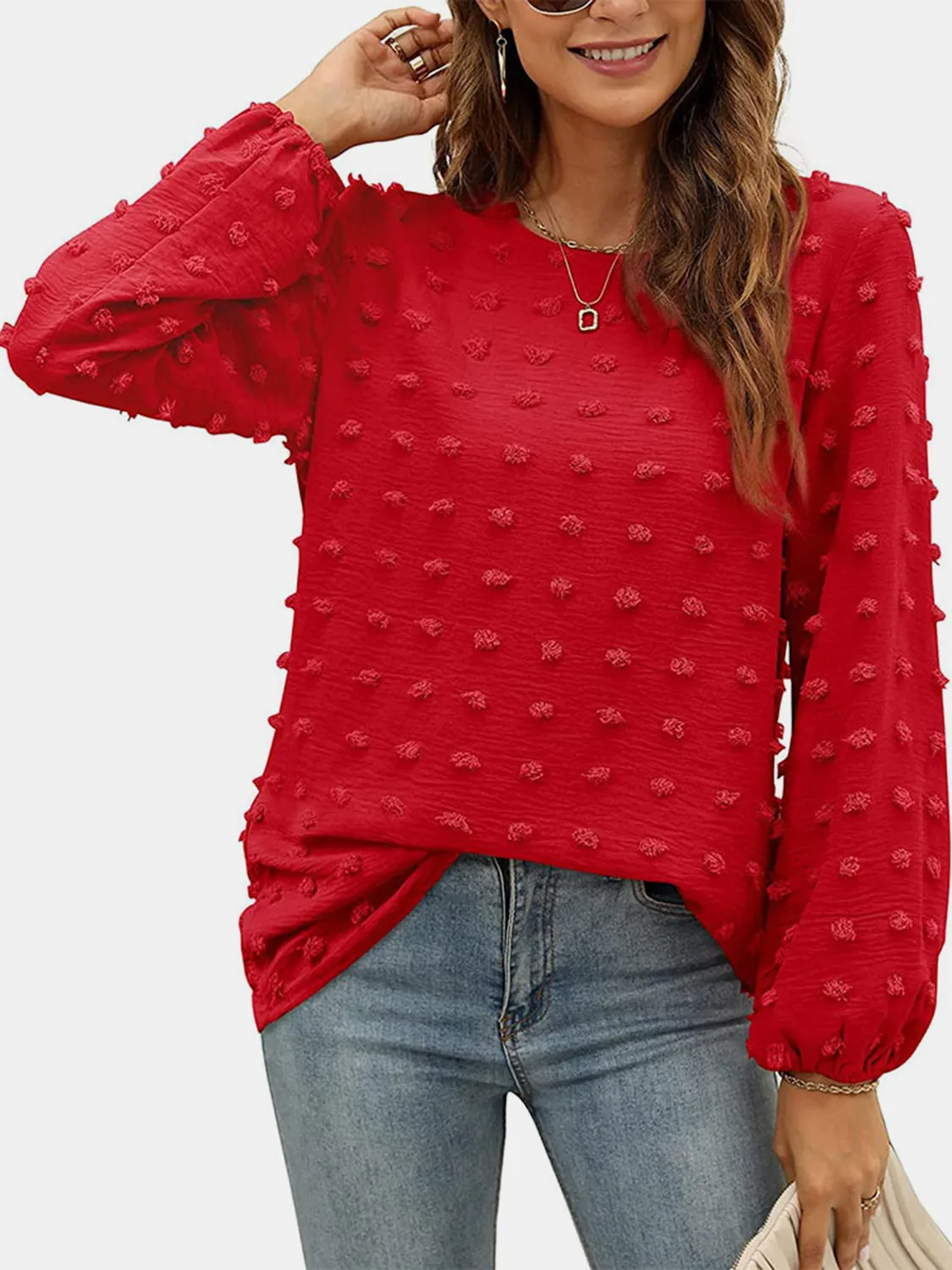Swiss Dot Round Neck Long Sleeve Blouse sold by Charming Charlie product image thumbnail 5