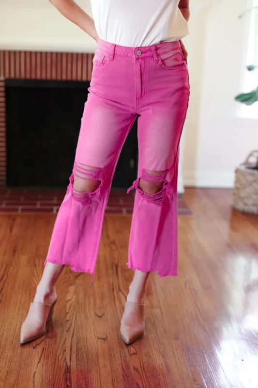 Cut Loose Hot Pink High Rise Washed Distressed Hem & Knee Cropped Pants sold by Charming Charlie