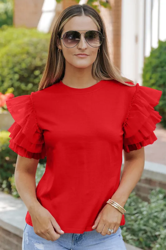 Ruffled Round Neck Short Sleeve Blouse sold by Charming Charlie