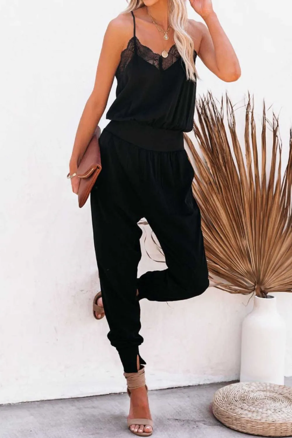 Lace Detail V-Neck Spaghetti Strap Jumpsuit sold by Charming Charlie product image thumbnail 3