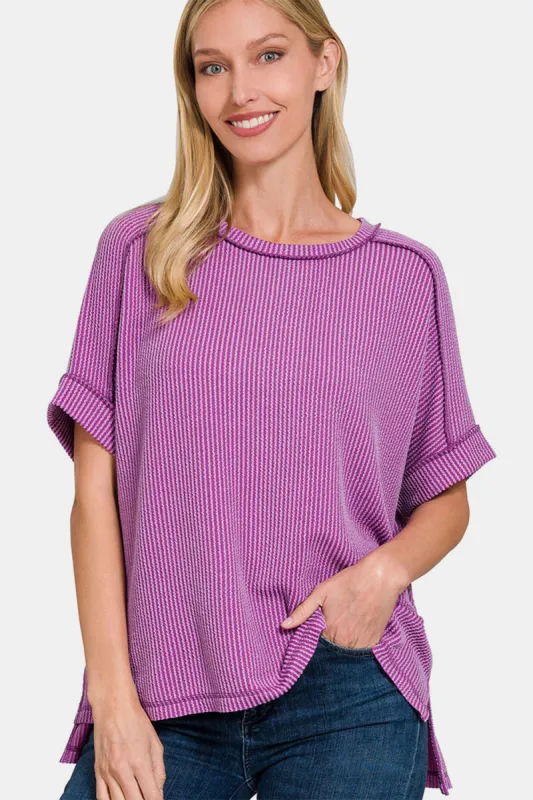 Zenana Ribbed Exposed Seam High-Low T-Shirt sold by Charming Charlie