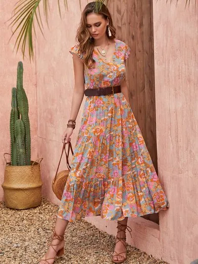 Ruffled Printed V-Neck Cap Sleeve Tiered Dress sold by Charming Charlie product image thumbnail 3