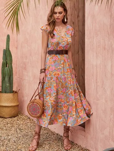 Ruffled Printed V-Neck Cap Sleeve Tiered Dress sold by Charming Charlie product image thumbnail 4