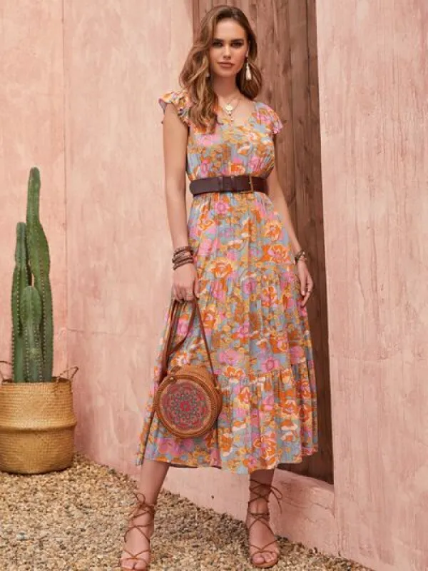 Ruffled Printed V-Neck Cap Sleeve Tiered Dress sold by Charming Charlie