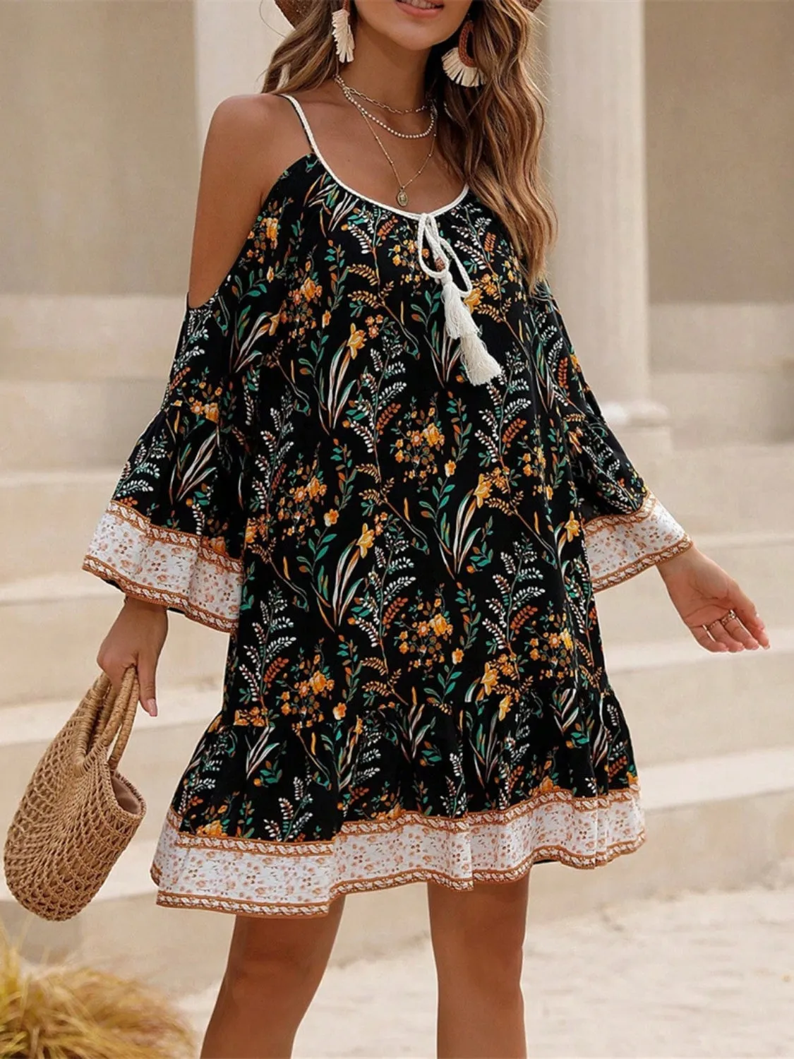 Tassel Printed Long Sleeve Mini Cami Dress sold by Charming Charlie