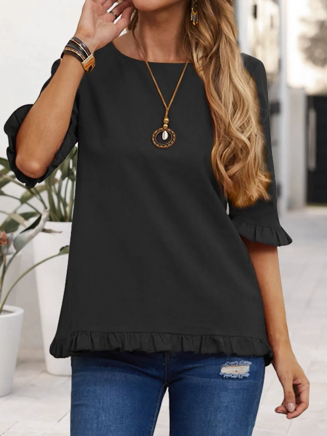 Ruffled Round Neck Half Sleeve Blouse sold by Charming Charlie