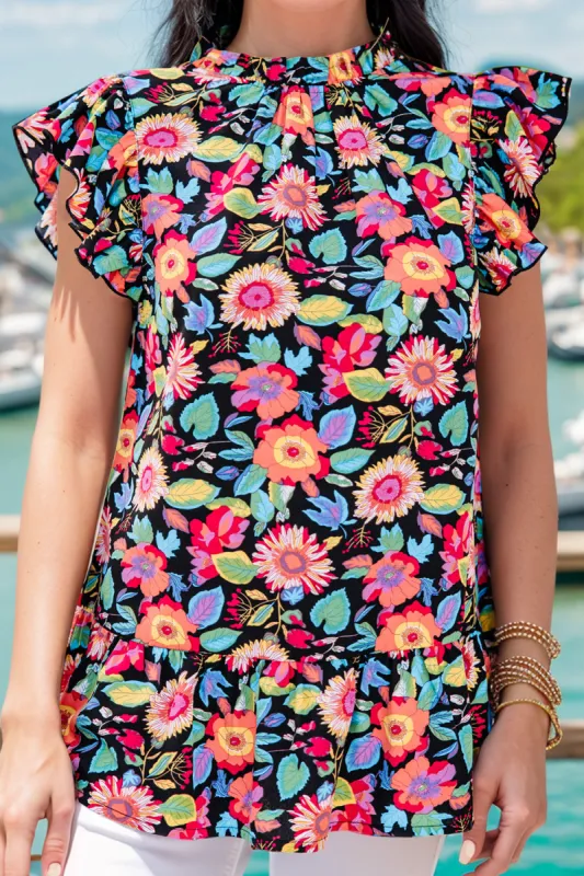 Ruffled Printed Mock Neck Cap Sleeve Blouse sold by Charming Charlie