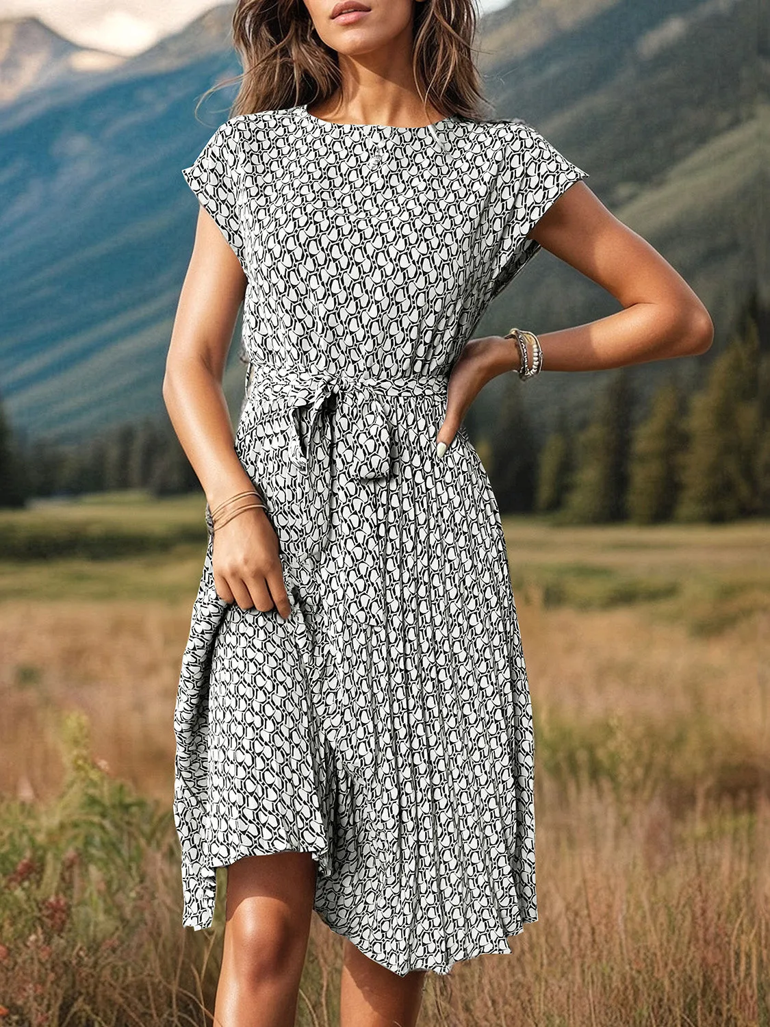 Printed Cap Sleeve Tie Waist Dress sold by Charming Charlie product image thumbnail 5