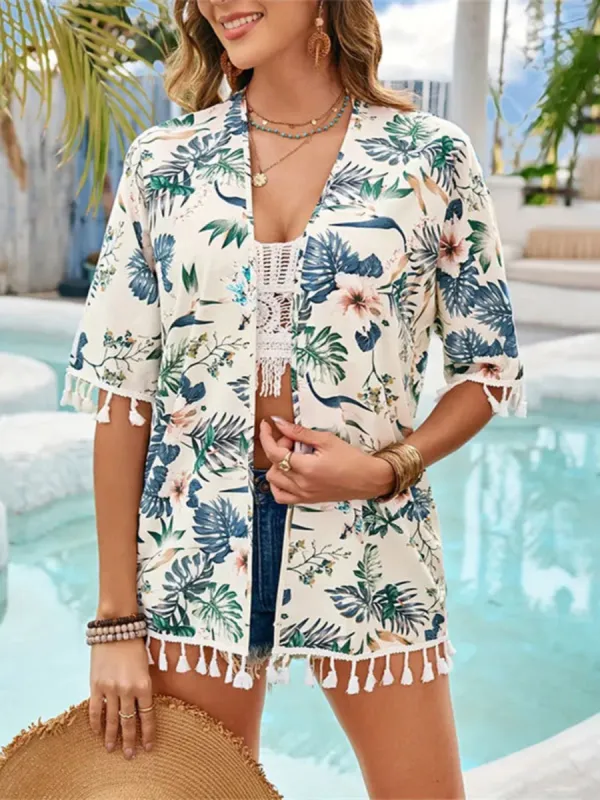 Tassel Printed Open Front Half Sleeve Cover-Up sold by Charming Charlie