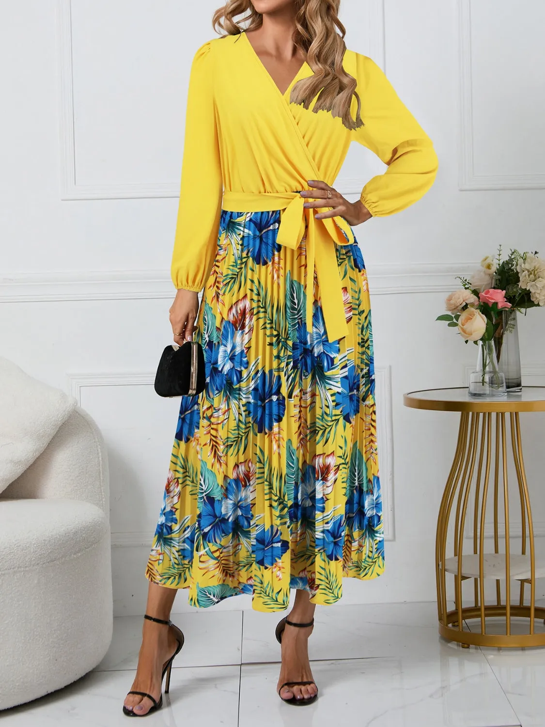 Pleated Printed Surplice Long Sleeve Dress sold by Charming Charlie