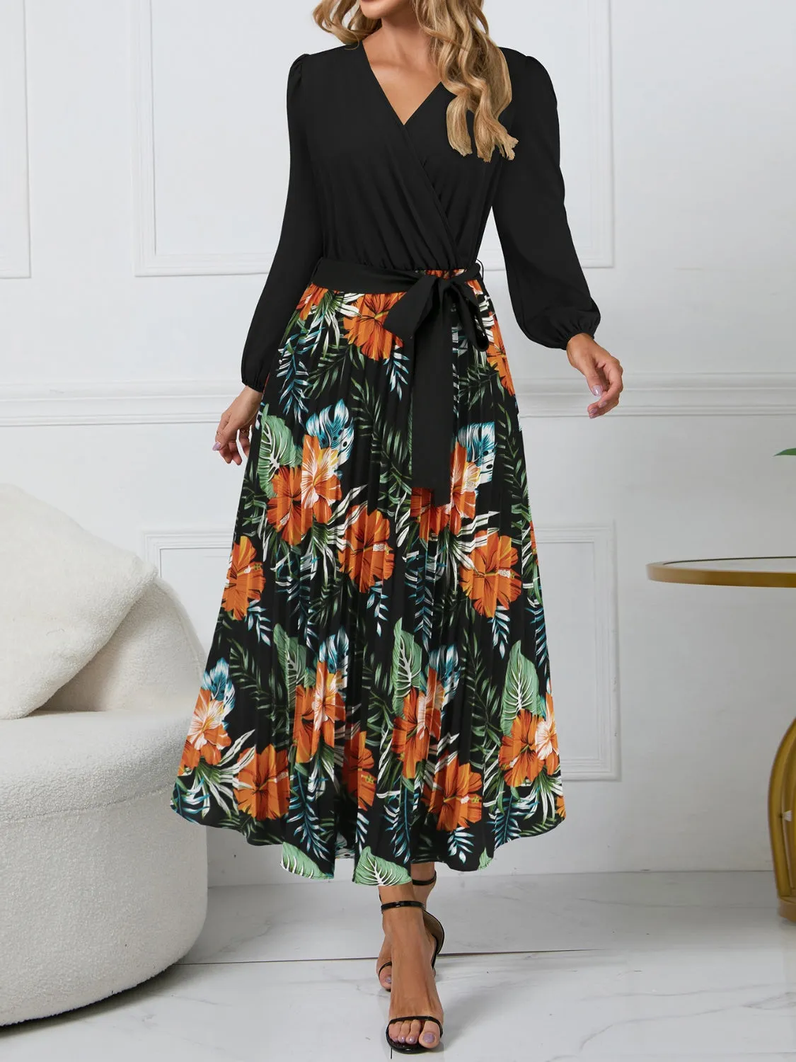 Pleated Printed Surplice Long Sleeve Dress sold by Charming Charlie product image thumbnail 4