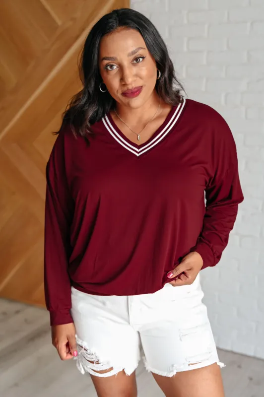 All Out Comfort V-Neck Pullover in Red Merlot sold by Charming Charlie