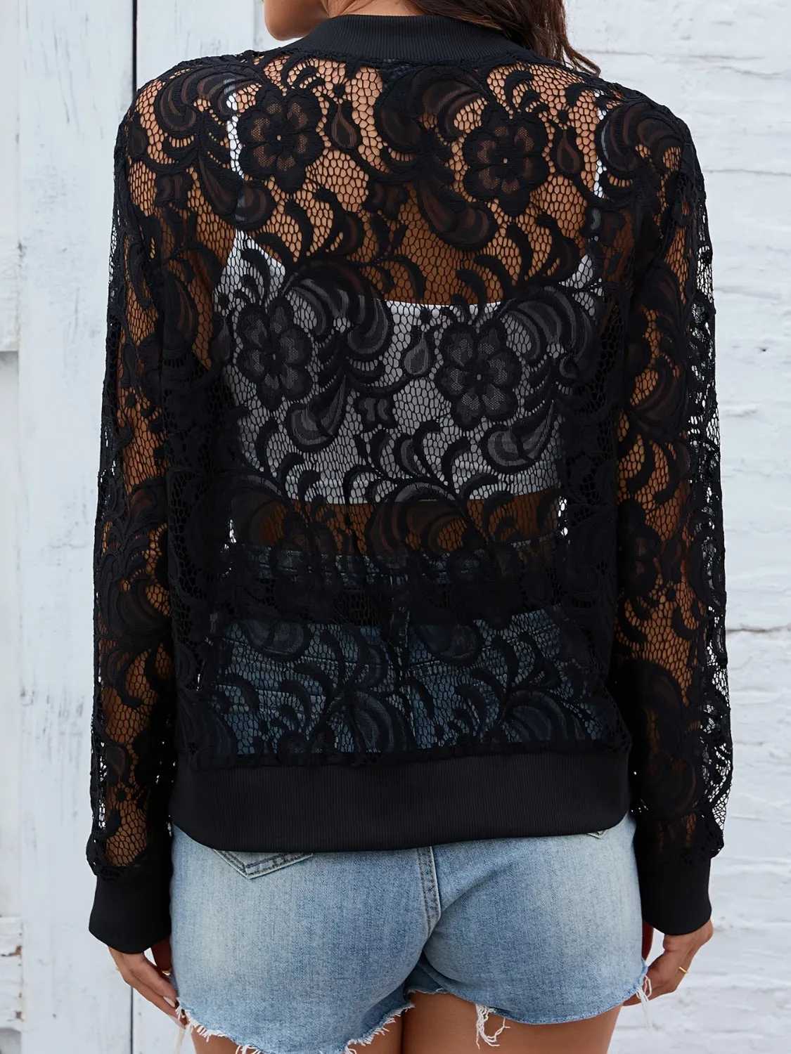 Sheer Lace Zip Up Long Sleeve Jacket sold by Charming Charlie product image thumbnail 4