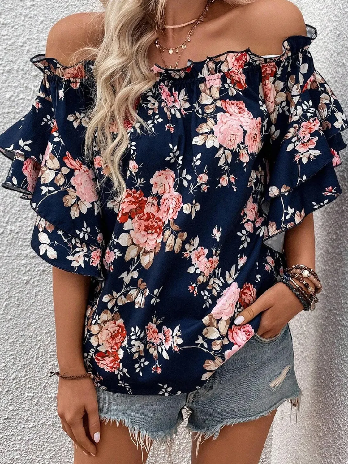 Printed Off-Shoulder Flounce Sleeve Blouse sold by Charming Charlie