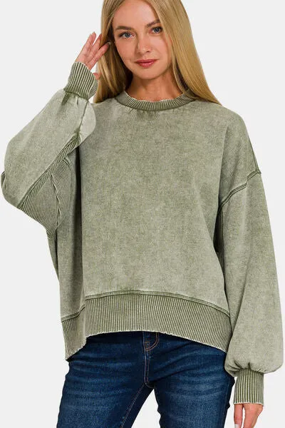 Zenana Round Neck Dropped Shoulder Lantern Sleeve Sweatshirt sold by Charming Charlie