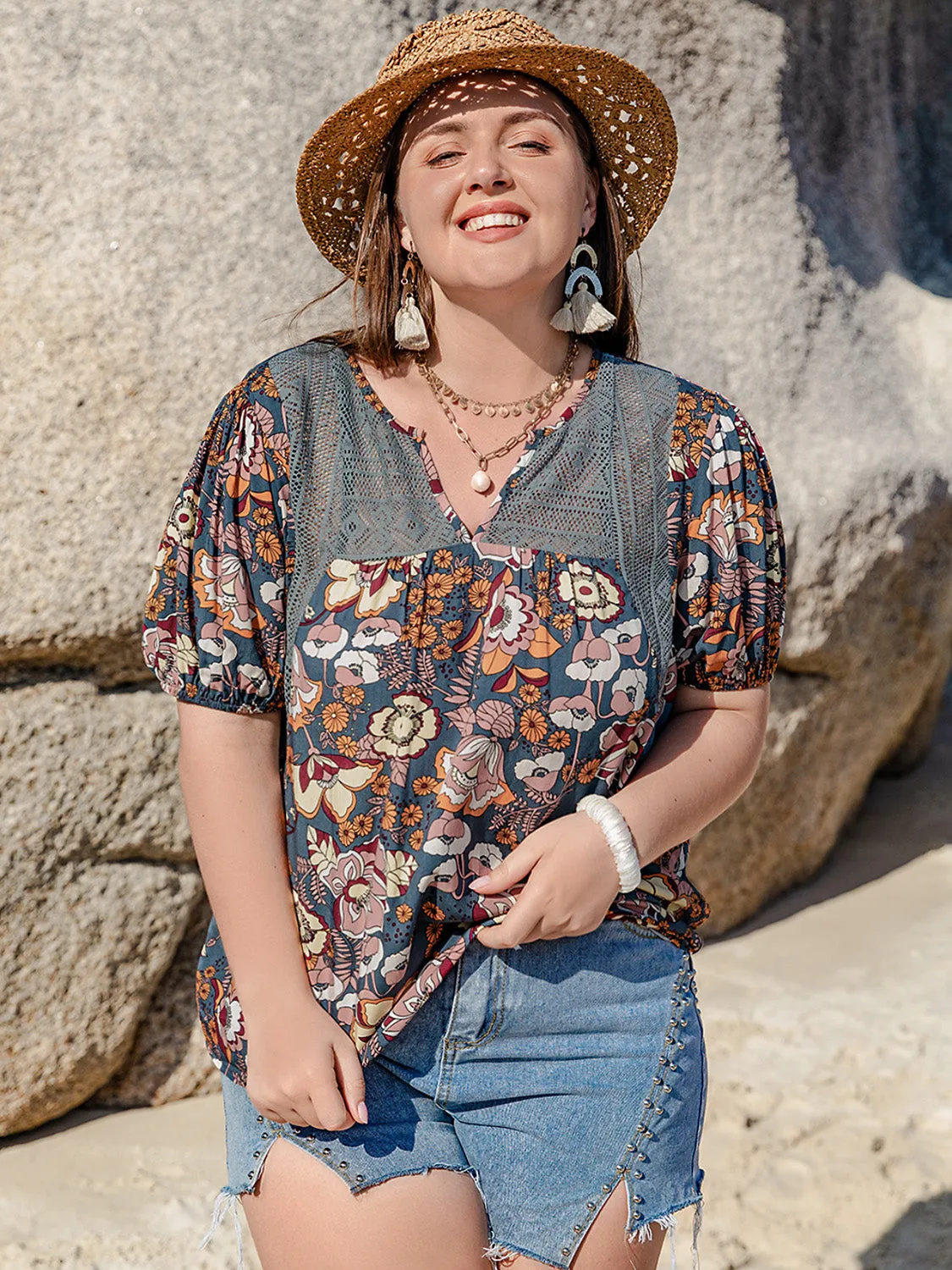 Plus Size Printed Notched Half Sleeve Blouse sold by Charming Charlie product image thumbnail 5