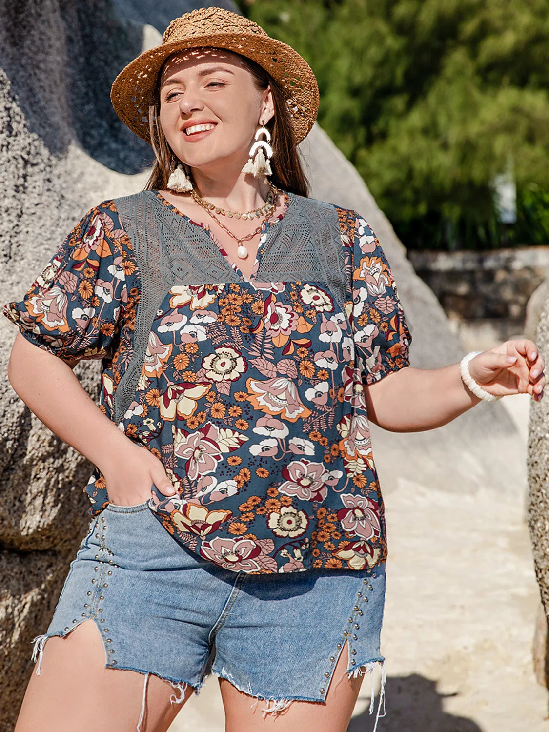 Plus Size Printed Notched Half Sleeve Blouse sold by Charming Charlie product image thumbnail 3