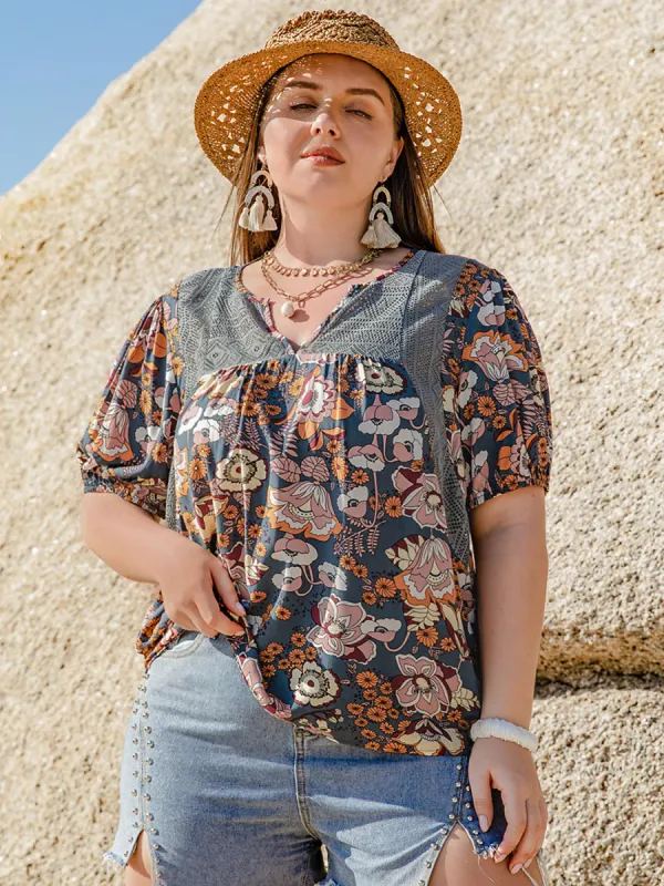 Plus Size Printed Notched Half Sleeve Blouse sold by Charming Charlie