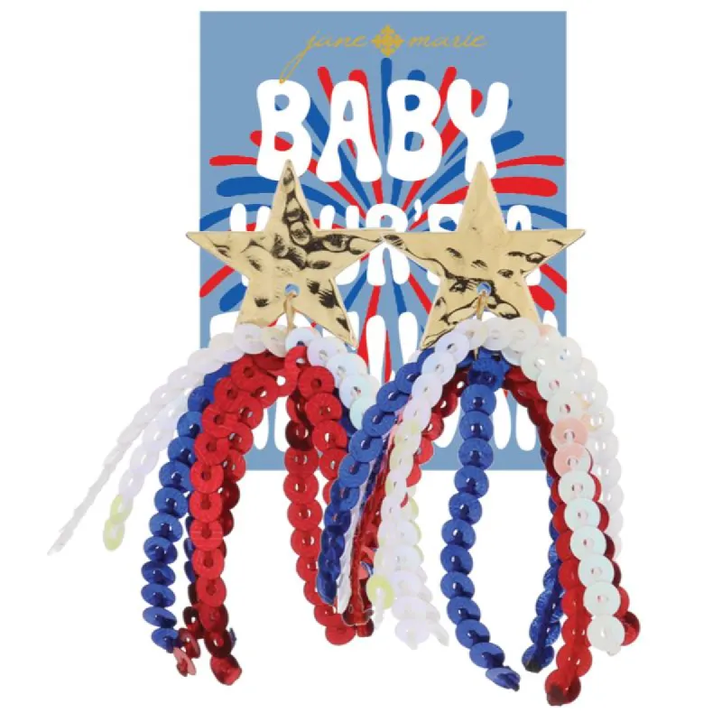 Gold Hammered Star Post with Red, Blue, Iridescent White Sequin Tassel Earrings, 2.5" Top to Bottom sold by Charming Charlie