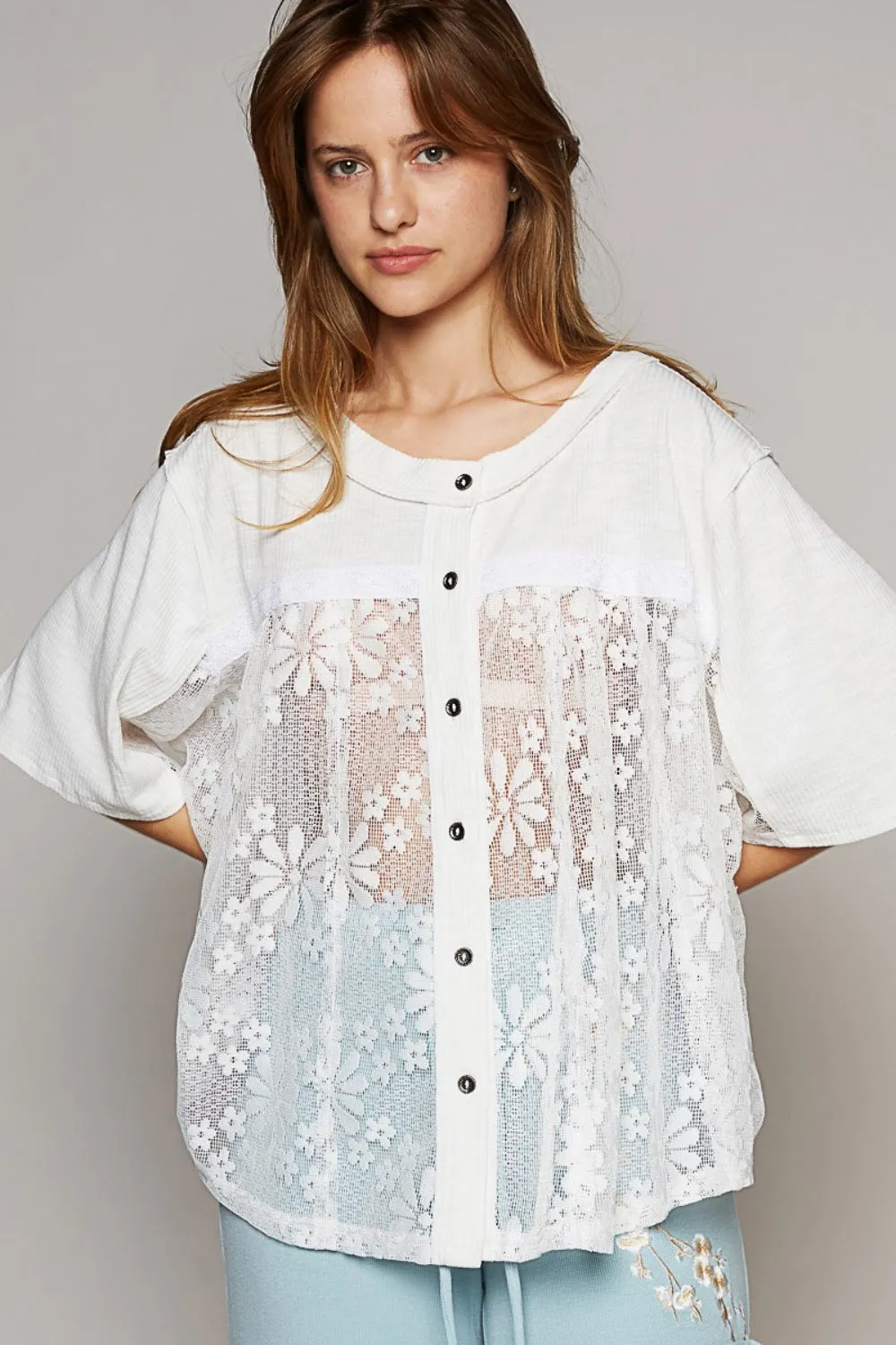 POL Round Neck Short Sleeve Lace Top sold by Charming Charlie