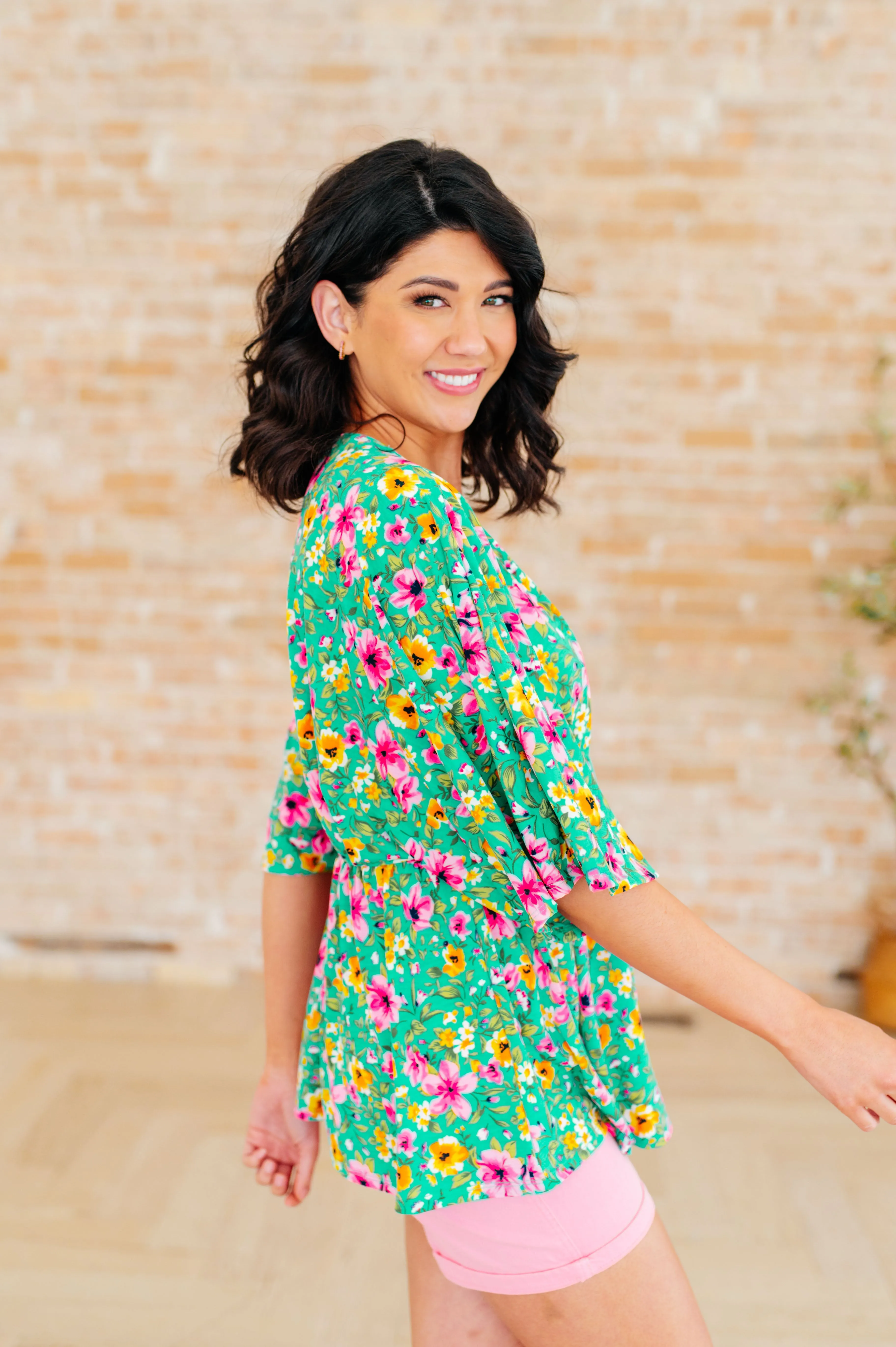 Dreamer Peplum Top in Emerald and Pink Floral sold by Charming Charlie product image thumbnail 5