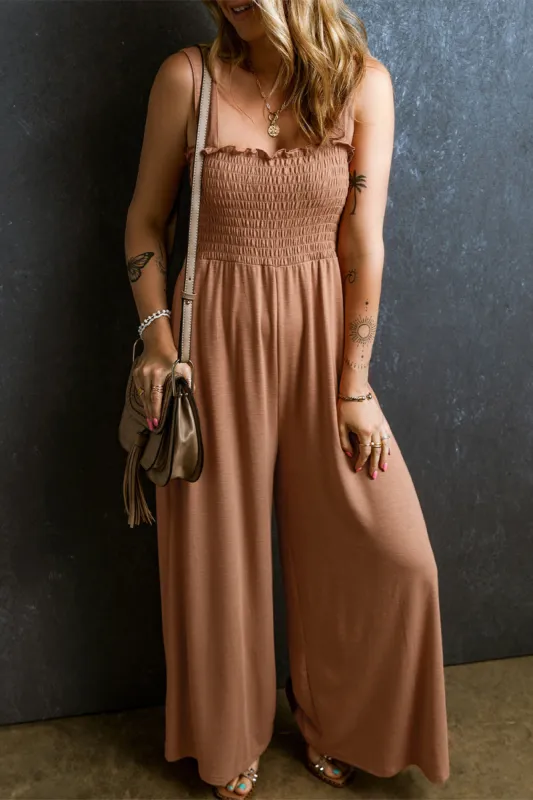 Frill Smocked Wide Leg Jumpsuit sold by Charming Charlie