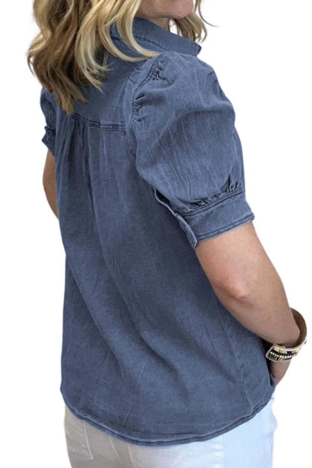 Button Up Puff Sleeve Denim Top sold by Charming Charlie product image thumbnail 3