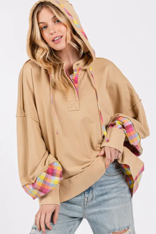 SAGE + FIG Full Size Plaid Print Washed Hoodie sold by Charming Charlie